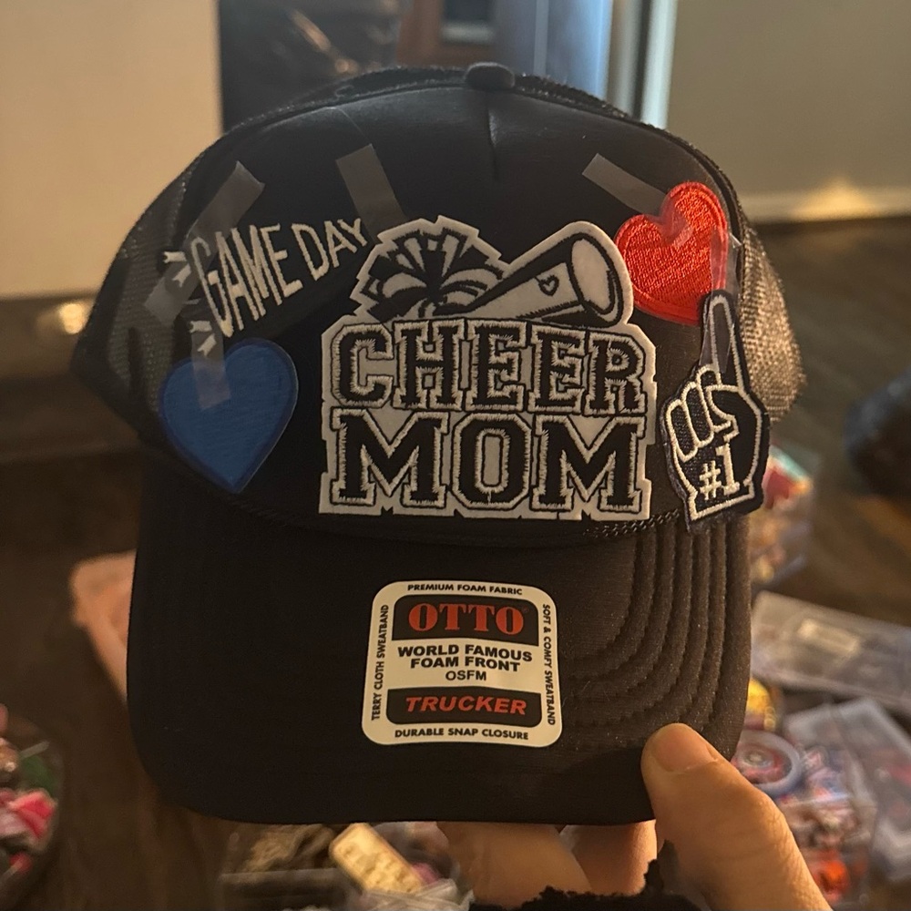 OTTO Black Cheer Mom Trucker Hat with Heart Patches